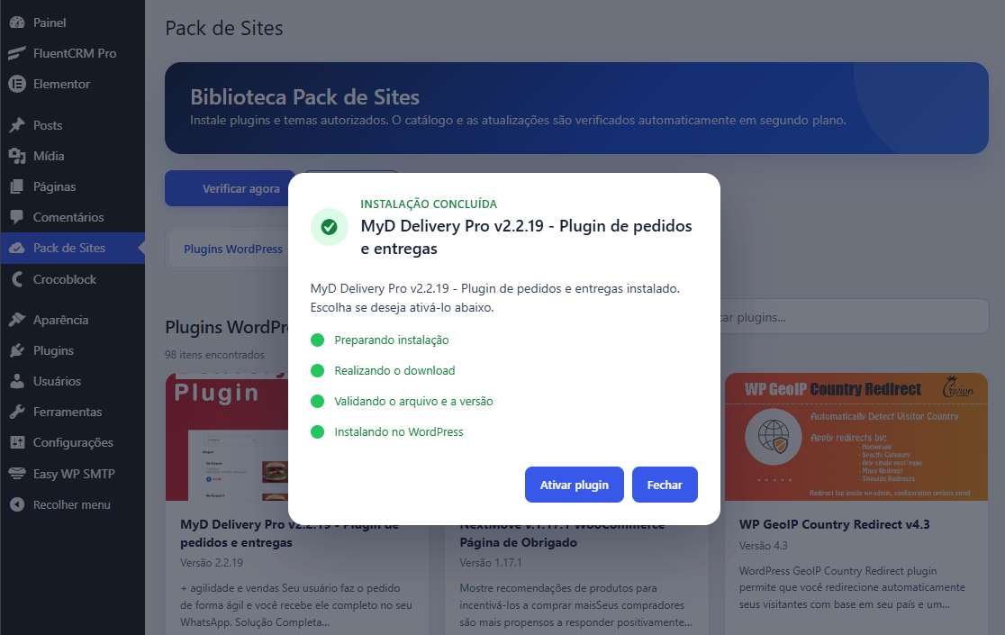 Plugin Pack de Sites concluindo a instalação do MyD Delivery Pro no painel do WordPress