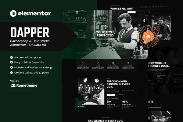 Dapper - Kit de modelos Elementor para barbearia e estúdio de cabeleireiro