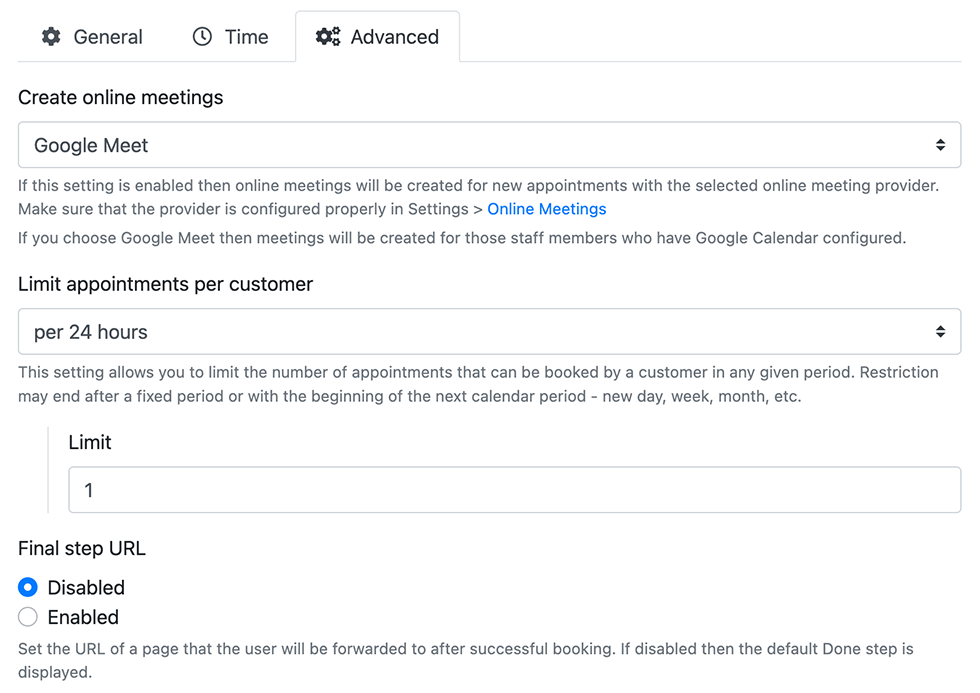 Individual settings for each service in Bookly Configurações individuais para cada serviço no Bookly
