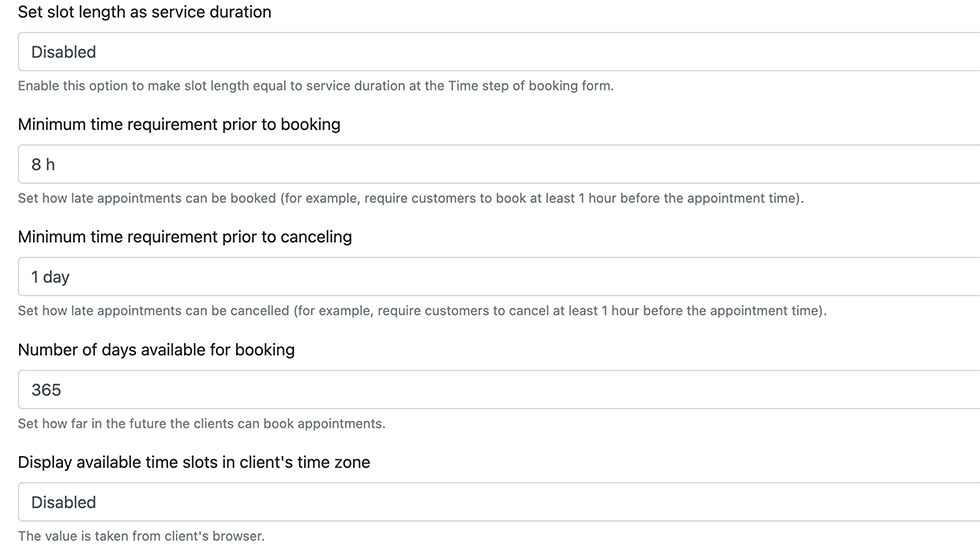 Set minimum notice periods for bookings & cancellations in Bookly Defina períodos mínimos de aviso prévio para reservas e cancelamentos no Bookly