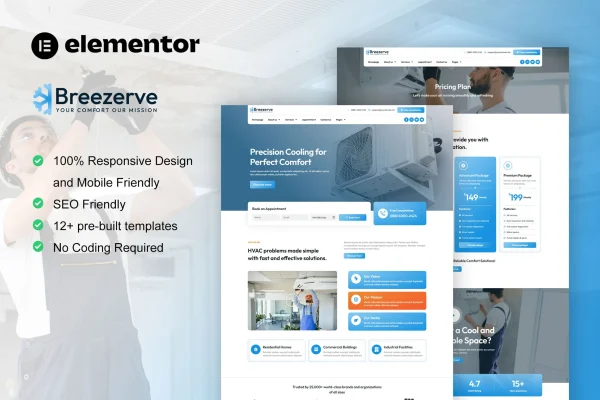 Breezerve - Kit de modelos Elementor Pro para reparo de ar condicionado e HVAC