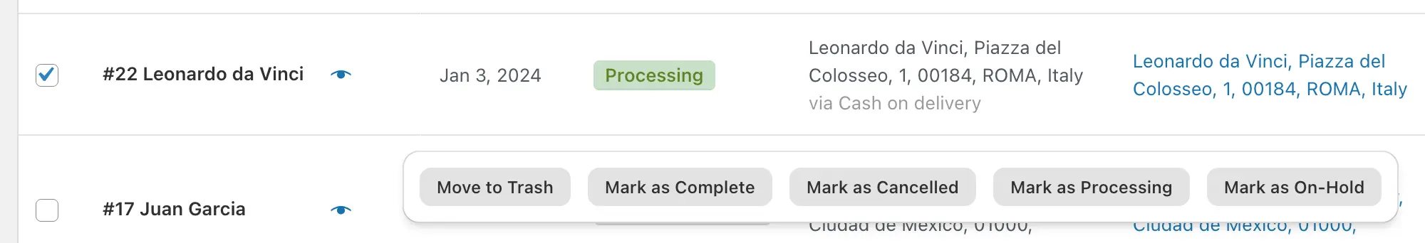 Screenshot of floating bulk actions in WooCommerce order list added by Dashify.
