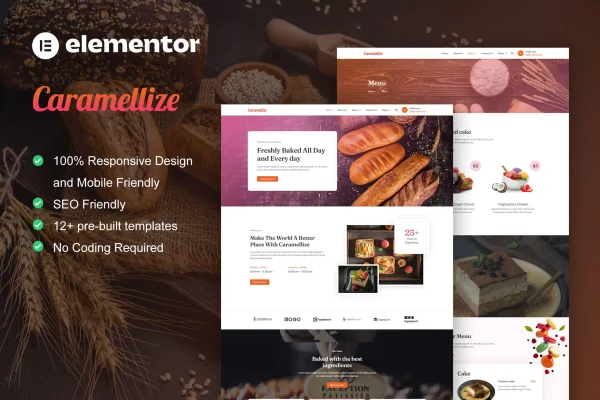 Caramellize - Kit de Templates Elementor Pro para Padaria e Pastelaria