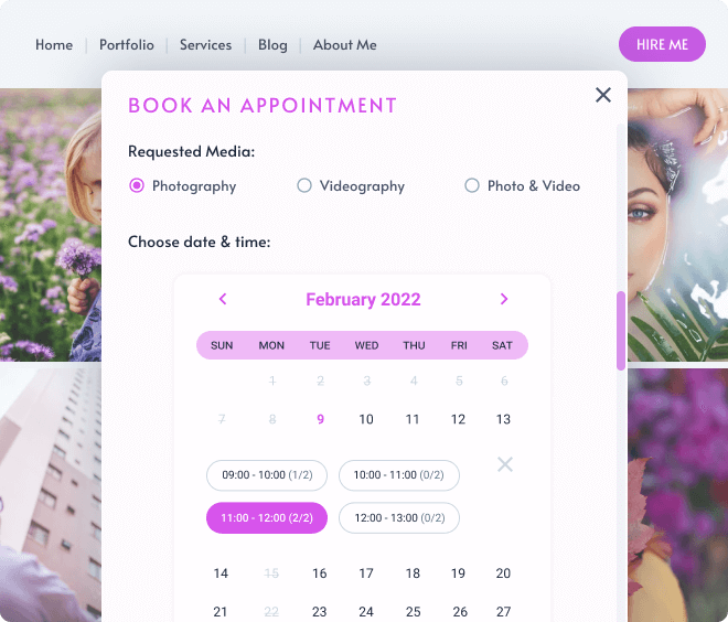 Agendamento de serviços de foto e vídeo