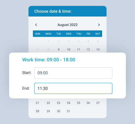 Horários de início e término no seletor de tempo