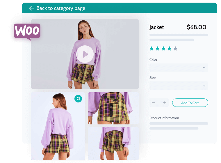 Caja de luz de producto, zoom de imagen y vídeo en galería