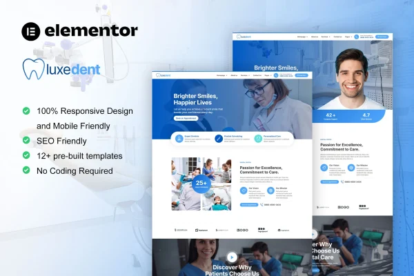 LuxeDent - Kit de modelos Elementor Pro para dentistas e cuidados dentários
