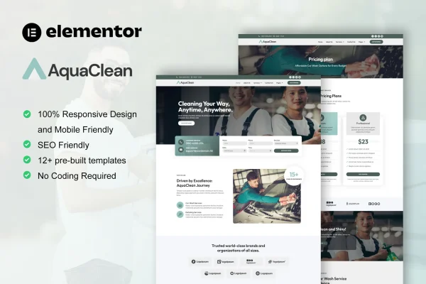 AquaClean - Template Elementor para serviços de lavagem e limpeza de carros e lava jato
