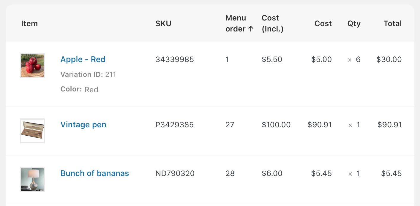 Screenshot of the "Menu Order" column that Dashify adds to line items in the admin order edit view in WooCommerce. This column has a number that represents the position of the product on the store's shop page.