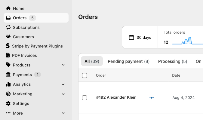 A screenshot of the WordPress admin navigation when Dashify is enabled, showing WooCommerce items at the top of the sidebar in a new design. Additionally, items like Orders that were previously in a submenu are now just a click away.