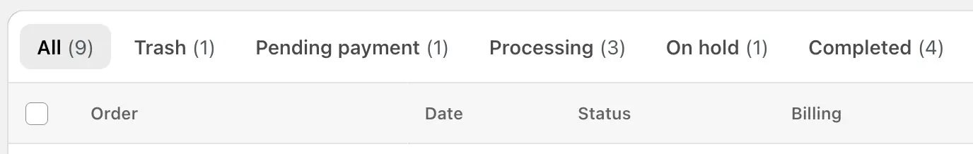 Screenshot of how Dashify makes selecting order status for the WooCommerce orders table more obvious.