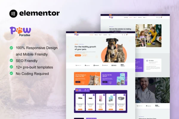 PawParadise - Kit de modelos WooCommerce Pet Shop Elementor