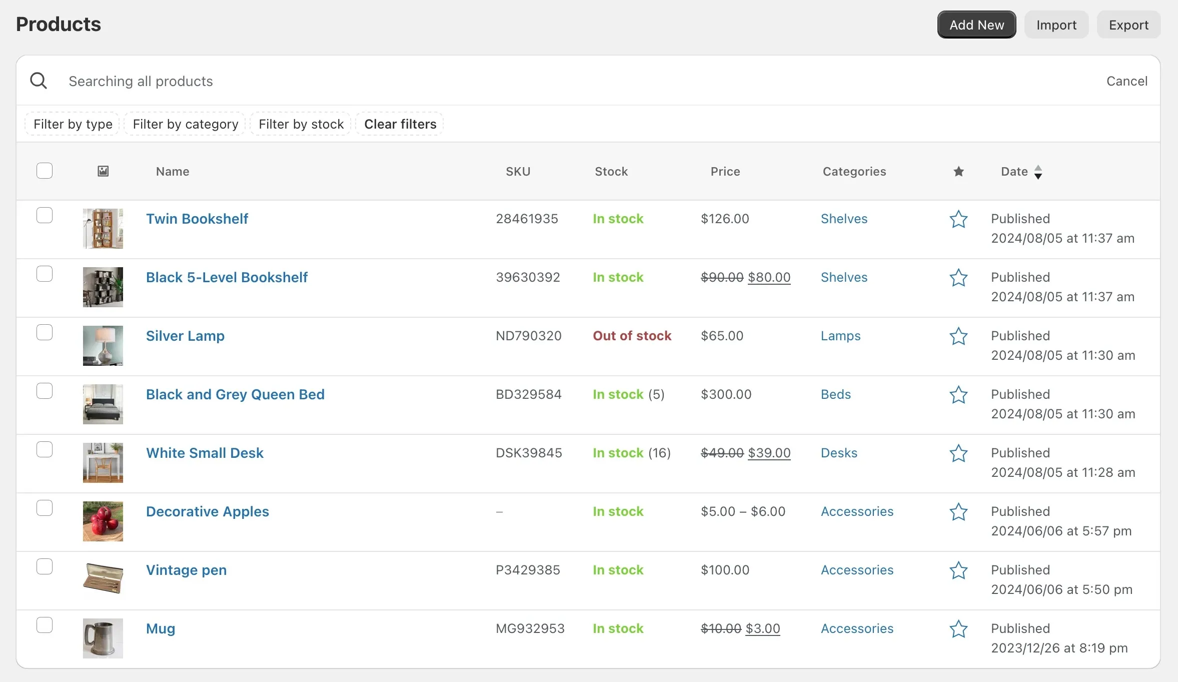 Screenshot of the WooCommerce product list with Dashify enabled. The table displaying all products has a modern design, and the page elements are grouped intuitively. For example, all searching and filtering happens at the top of the table, after clicking a search and filter icon.