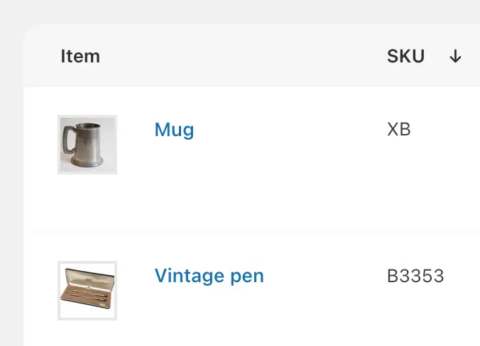 Screenshot of an order's products in the WooCommerce order admin, showing the SKU displayed as a separate column that can be sorted.