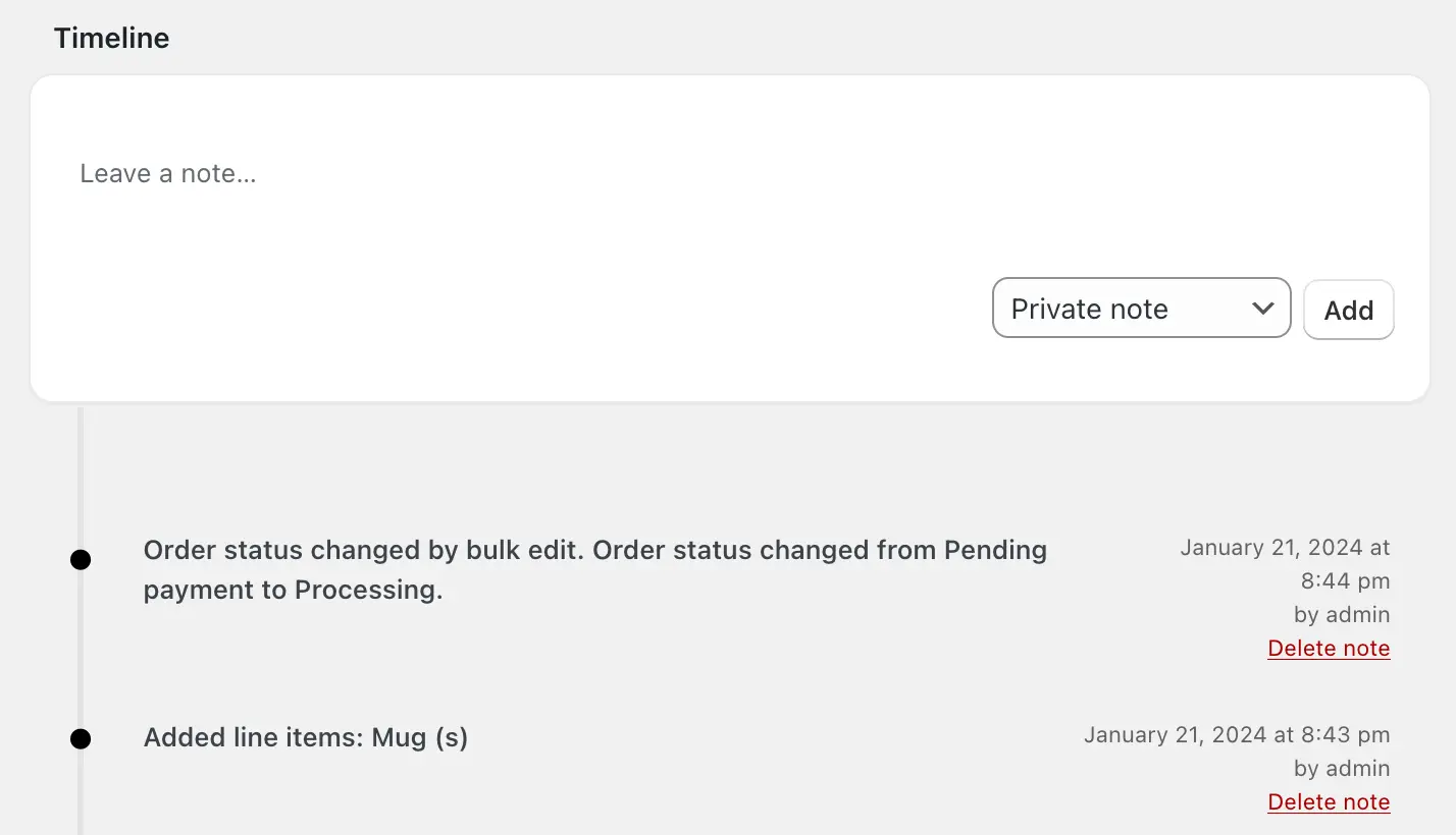 Screenshot of the restyled order notes, which Dashify displays as a timeline.