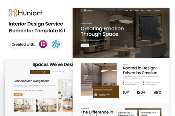 Huniart - Kit de modelos Elementor para serviços de design de interiores