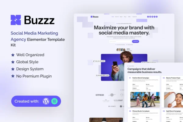 Buzzz - Template Elementor para Agência de Marketing de Mídia Social
