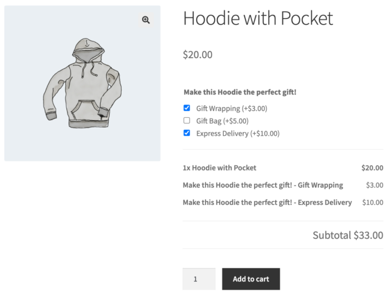 woocommerce product addons single product gift options